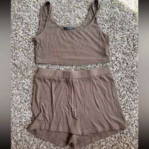 Brown Ribbed Tank and Shorts Set